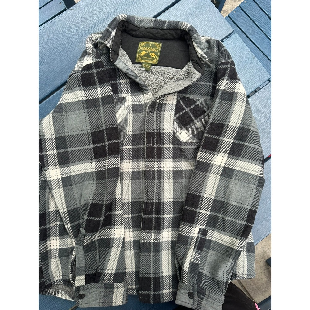 Anchorage Expedition Brand Mens Plaid Fleece Sherpa Lined Shirt Jacket Gray M